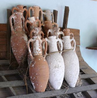 Amphoras taken from shipwrecks on display in the Museum of Underwater Archaeology at Bodrum Castle, Turkey